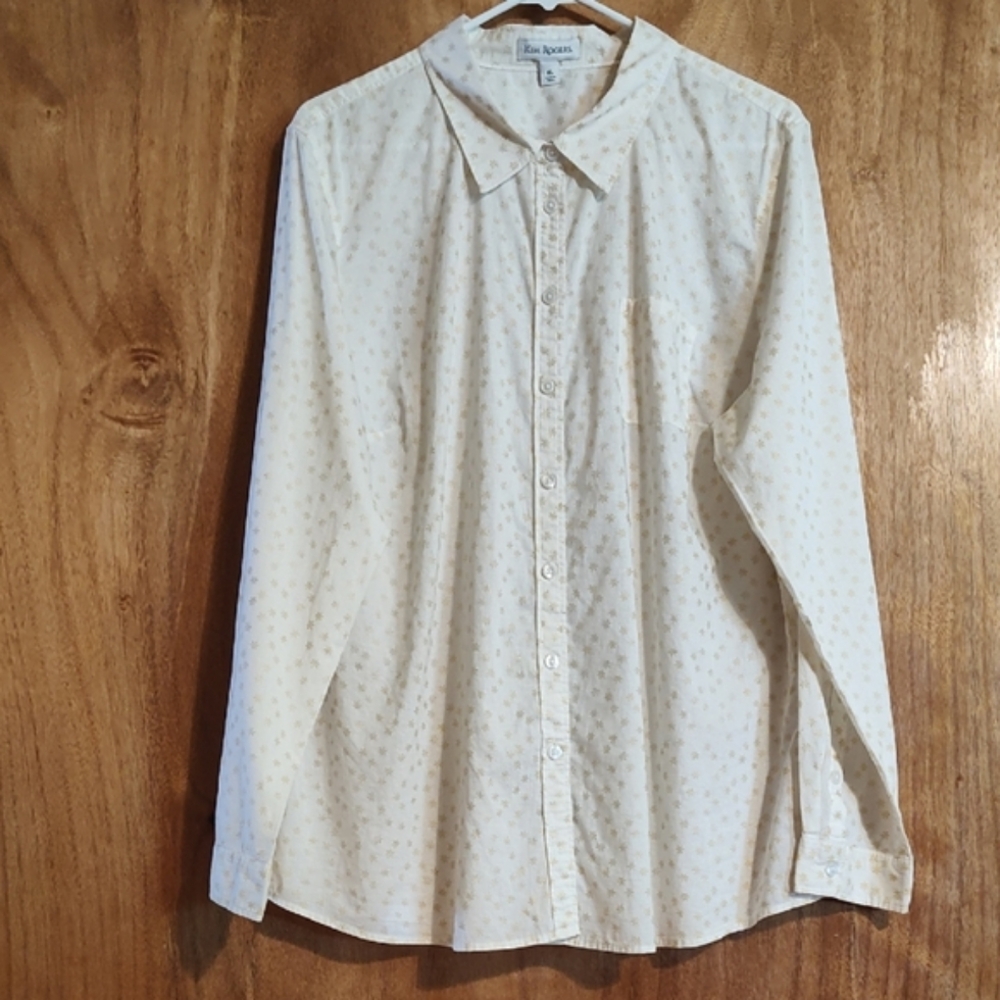 Kim Rogers Womens Snowflake Print Button Front Blouse Cream Gold 100% Cotton XL